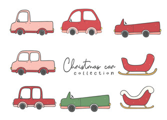 cute Christmas cars and sleighs doodle cartoon hand drawn collection vector illustration