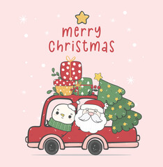 Cute Christmas Cartoon Santa and Snowman in Vintage Car, kawaii doodle hand drawing illustration, adding a touch of whimsy and retro charm to your holiday projects.