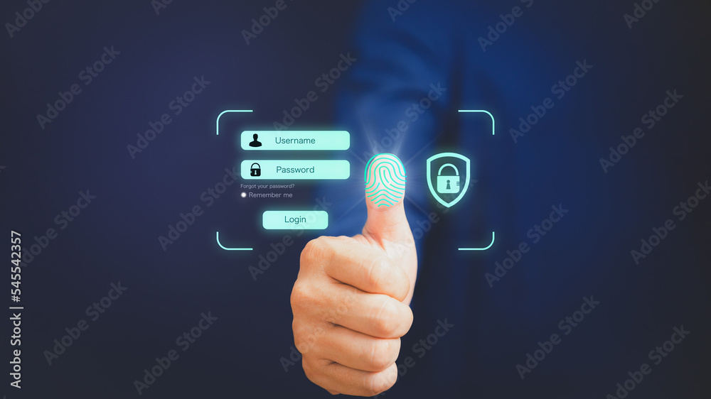 Poster Man login with fingerprint scanning technology. Security concepts and fingerprint password control in the technology of the future.