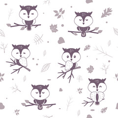 Silhouette cute owl seamless pattern. Vector illustration. Kids animal background. Design for fabric, textile, background, wallpaper and any other creative projects