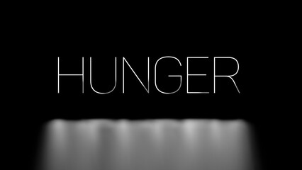 HUNGER - white neon light text on a black background with reflection from the floor. 3D render.
