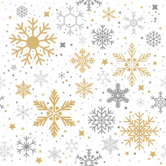 Snowflake and circle on white background. Simple seamless pattern with different ornament. Winter background for new year design. Design for textile, fabric, wallpaper