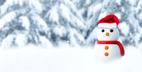 Snowman in red Santa hat on winter forest background