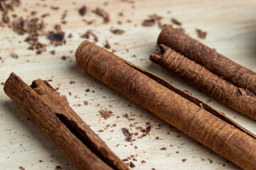 Dry spice of fragrant cinnamon on the table