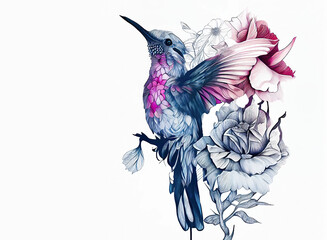 Beautiful tropical bird on exotic flowers in vintage style, hummingbirds on white background. Elegant tattoo design. Tattoo style, boho design. 