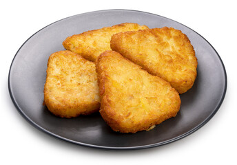 Crispy Hash Browns isolated on white background, Crispy Hash Browns on black plate With clipping path.