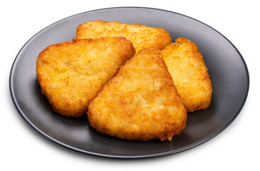 Crispy Hash Browns isolated on white background, Crispy Hash Browns on black plate With clipping path.