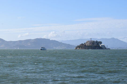 Ship leaving Alcatraz Island in San Francisco, CA.