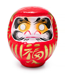 Daruma lucky doll without black eyes with the word meaning good luck and success isolated on white background with work path, Daruma Japanese traditional doll.