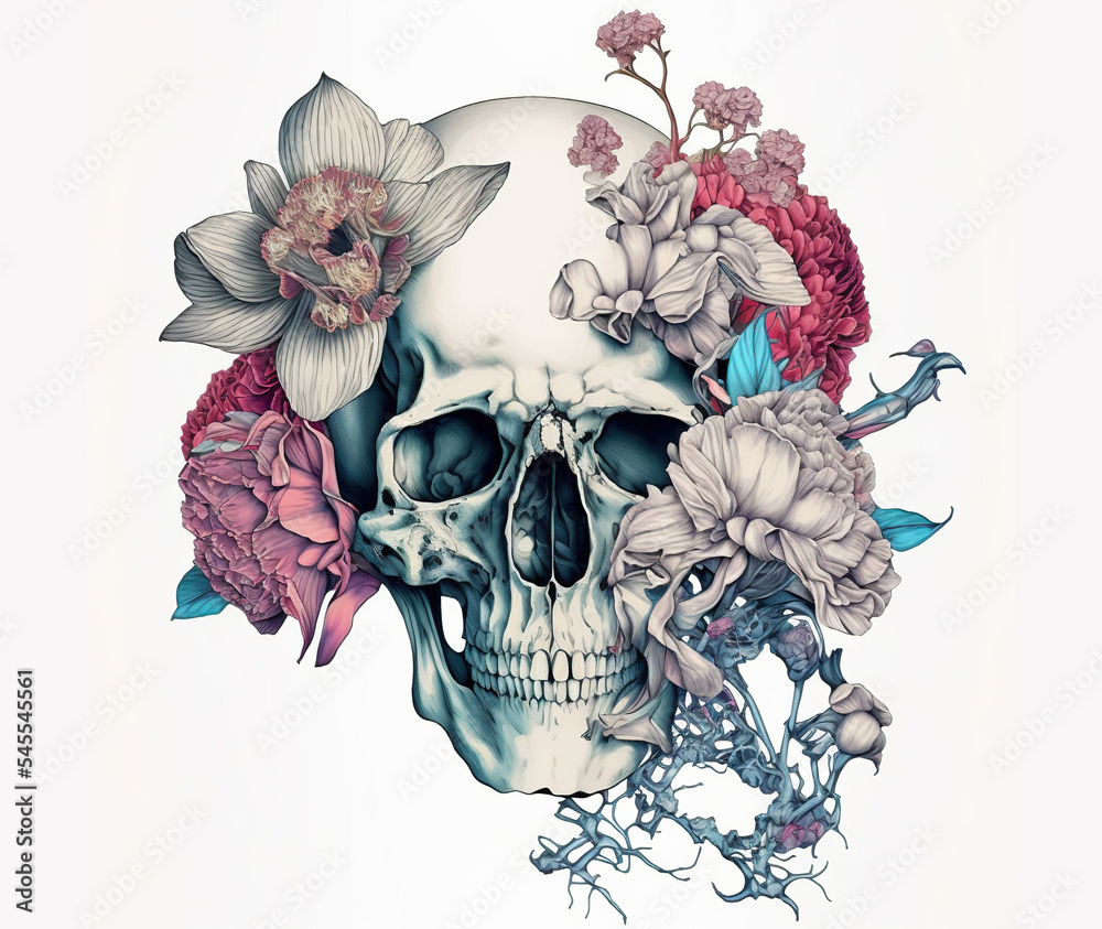 Wall mural Skull and Flowers Day of The Dead, Vintage illustration. Elegant tattoo design. Gothic style, boho design. 