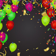 Fototapeta na wymiar Realistic balloon background for party Happy New Year poster 2023. and helium ballon on ribbon, glitter bright balloons, confetti and background. Vector illustration.