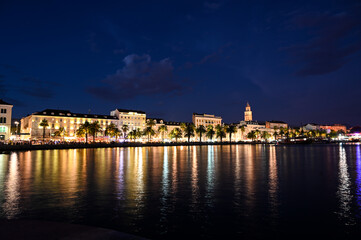 Fototapeta premium Split, Dalmatia, Croatia. Old Town and Diocletian's Palace. A port on the Adriatic Sea at night.
