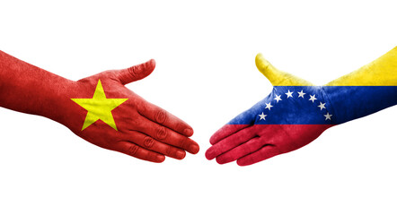 Handshake between Venezuela and Vietnam flags painted on hands, isolated transparent image.