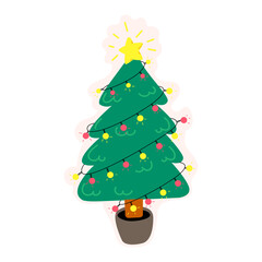 Cute christmas tree doodle illustration, christmas stiker