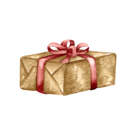 Watercolor gift box in a craft paper with a bright ribbon. Hand drawn holiday design elements isolated on white background. Christmas gift clipart