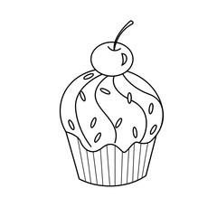 Cupcake doodle linear cute muffin with cherry tea party element on a white background hand drawn