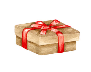 Watercolor gift box in a craft paper with a bright ribbon. Hand drawn holiday design elements isolated on white background. Christmas gift clipart