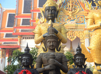Front view of Thao Werasuwan black color at Chulamani Temple, Samut Songkhram Province. Thailand
