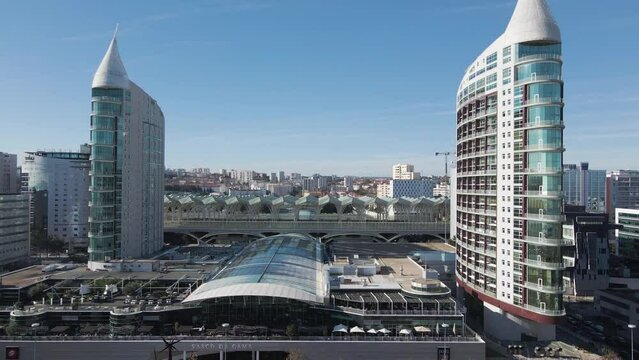 Lisbon, Portugal - 28 October 2022: Aerial view of modern buildings in Oriente district, Lisbon, Portugal.