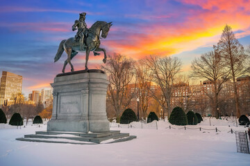 Sunset over George Washington statue in Boston public garden at winter - 545549900