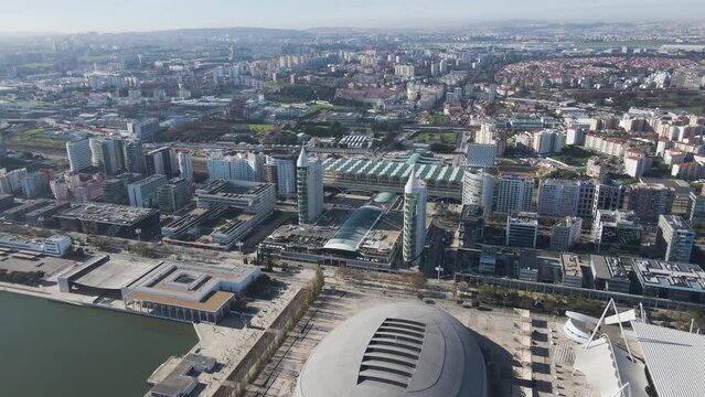 Aerial view of modern buildings in Oriente district, Lisbon, Portugal.