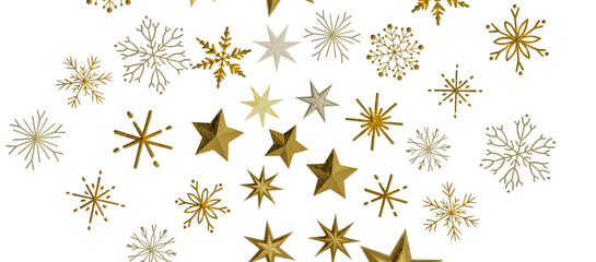 golden openwork shiny snowflakes, star, 3D rendering.