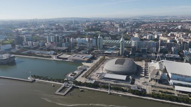 Aerial view of modern buildings in Oriente district, Lisbon, Portugal.