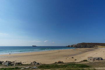 View on the beach of Pen hat in Camaret sur mer on the peninsula of Crozon on a sunny day, Brittany, France