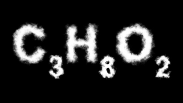 C3H8O2 Propylene Glycol Molecule Symbol Smoke Cloud Text Effects Animation on Black Background and Green Screen