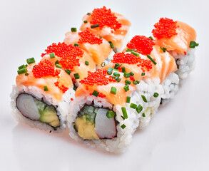  Group of delicious salmon uramaki rolls over isolated white background