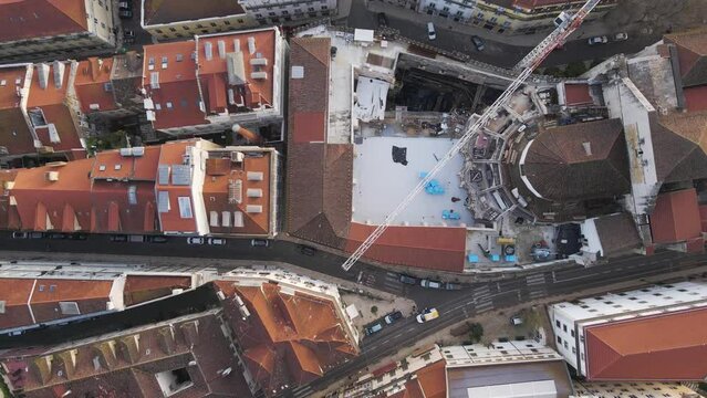 Aerial top down view of the streets of Lisbon, Portugal.