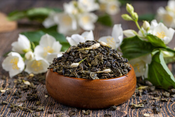 A real green hour with jasmine on the table