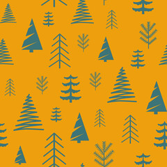 Obraz premium Vector seamless pattern with blue Christmas trees on a yellow background in a flat style. Ideal for print, wrapping paper, wallpaper, fabric, design.
