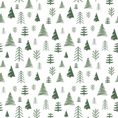 Fototapeta premium Vector seamless pattern with green Christmas trees of different shapes on a white background in a flat style. Ideal for print, wrapping paper, wallpaper, fabric, design.