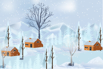 Winter mountains landscape with mountains and trees on  vector background with snowflakes falling from the sky. Cartoon winter scenery of cold weather and village forest, snowy hills and fields