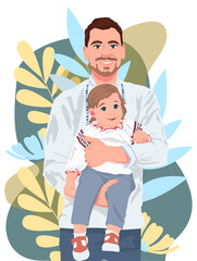 Father with child wearing Ukrainian national clothes on white background. Vector illustration