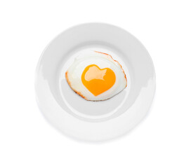 Plate with tasty fried egg with yolk in shape of heart on white background, top view