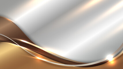 Abstract 3D luxury golden wave form ribbon lines elements with glowing light effect on white background.