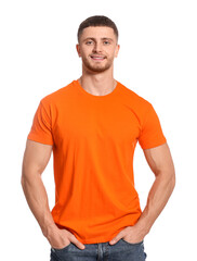 Fototapeta premium Man wearing orange t-shirt on white background. Mockup for design