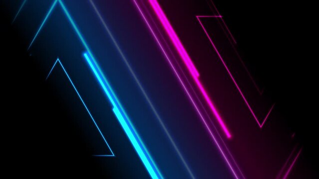 Blue purple glowing neon lines abstract tech background. Seamless looping geometric motion design. Video animation Ultra HD 4K 3840x2160