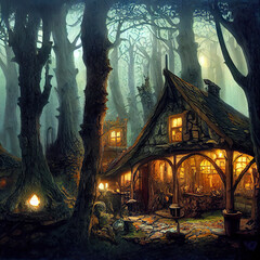 Medieval tavern glowing in spooky woods, digital painting.