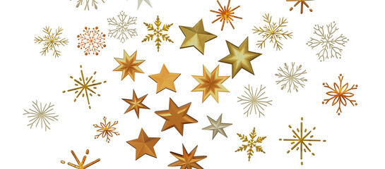 new year pattern. Christmas theme, golden openwork shiny snowflakes, star, 3D rendering.