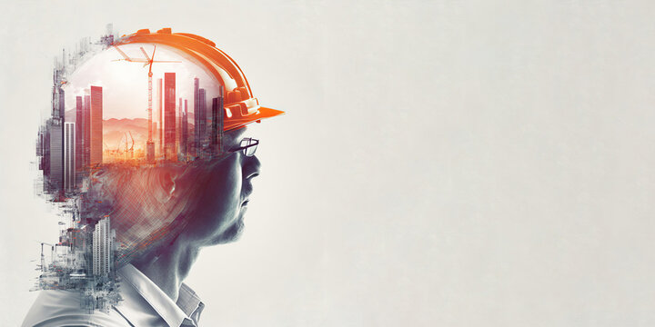 Future building construction engineering project devotion with double exposure graphic design. Building engineer, architect people or construction worker working with modern civil equipment technology