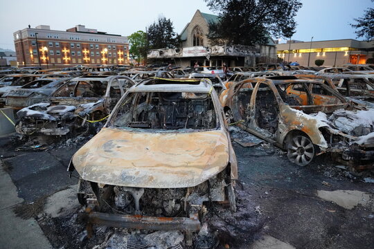 Burn and damaged used vehicle lot destroyed by rioters protesting for Jacob Blake.