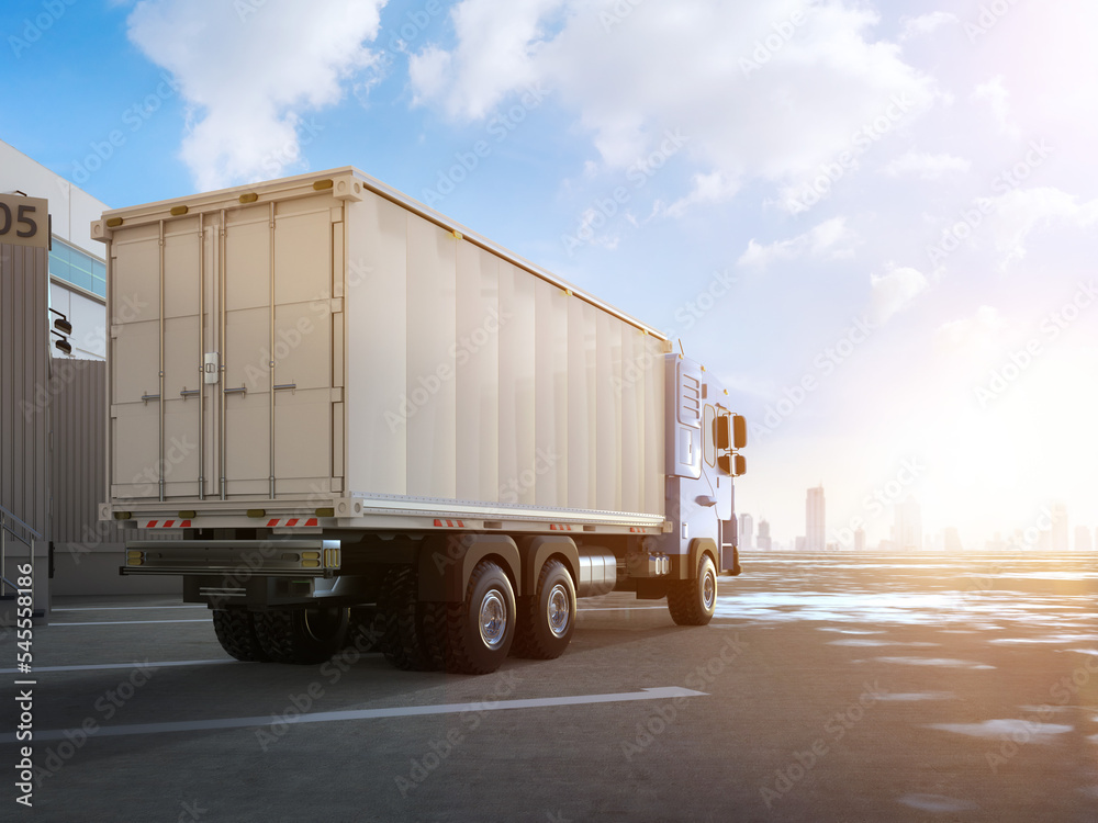 Wall mural Group of logistic trailer trucks or lorries at warehouse