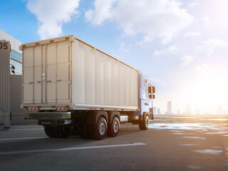 Group of logistic trailer trucks or lorries at warehouse