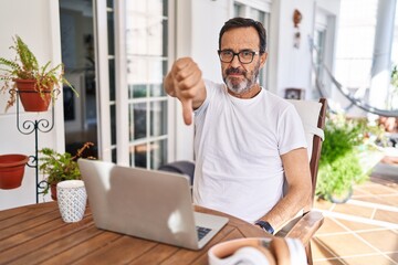 Middle age man using computer laptop at home looking unhappy and angry showing rejection and negative with thumbs down gesture. bad expression.