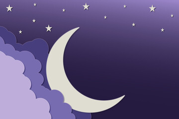 Fototapeta na wymiar Moon night purple sky background paper cut design with star and cloud 