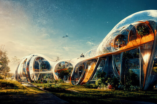 Space expansion concept of human settlement in alien world with green plant as proof of life in space. Spectacular space colony glass dome habitat provide sustainable food. Digital art 3D illustration