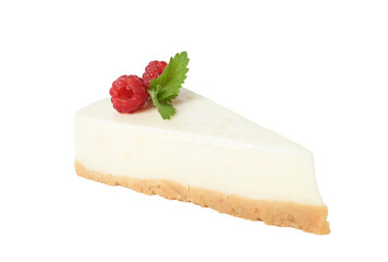 Piece of cheesecake with raspberries and mint.